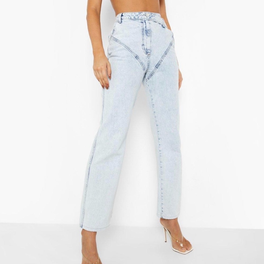 WRAP FRONT PANELED SLOUCH HIGH WAISTED JEANS - LIGHT BLUE